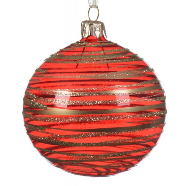 Χριστουγεννιάτικη Γυάλινη Μπάλα Κόκκινη, με Χρυσές Ρίγες (8cm)